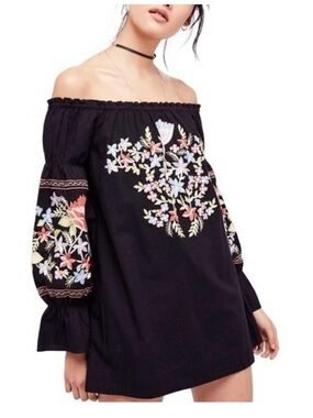 Free People Black Off-Shoulder Mini Dress with Pastel Floral Embroidery